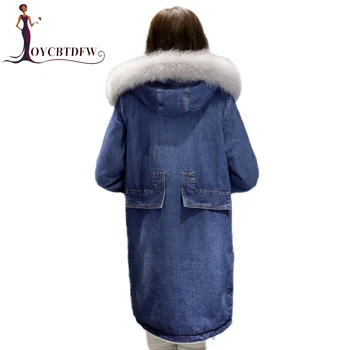 

Winter hot sale 2018 New mid-Long section thickened denim coat Slim cotton jacket female hooded fur collar denim jacket DD068