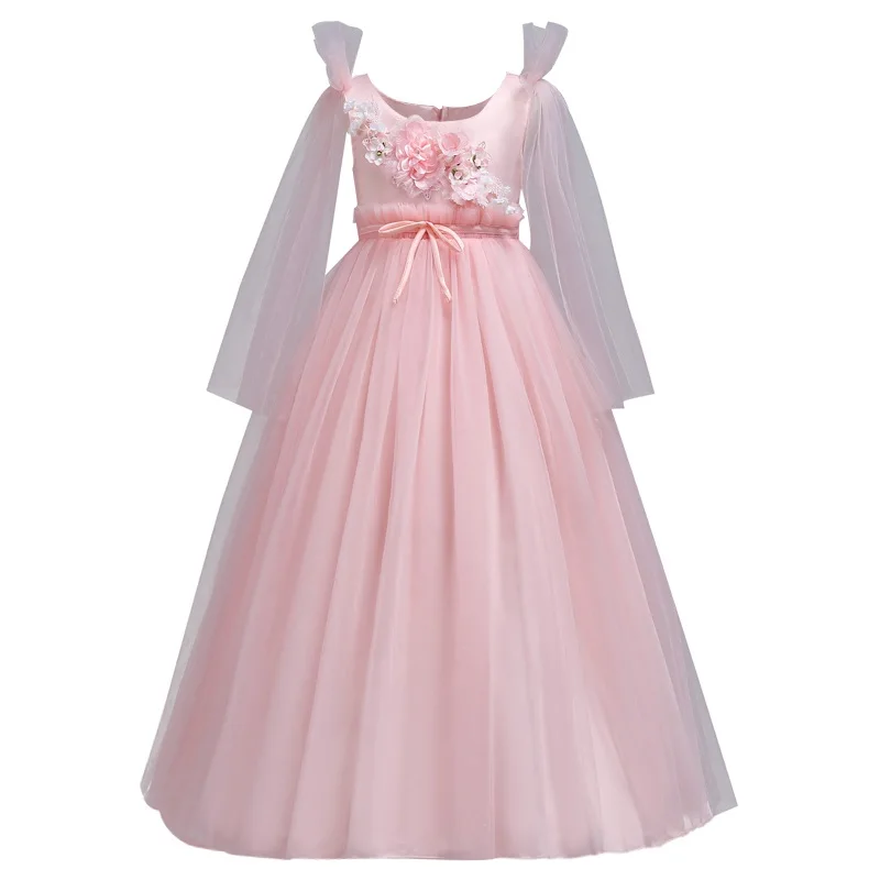 

Latest 4-14 year Girl applique long dress Children's wedding flower girl romantic Net yarn dress Kid party beautiful dress