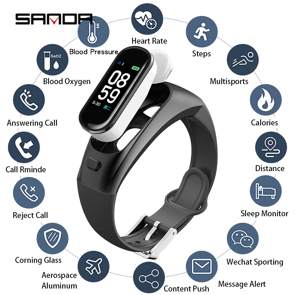 

Sanda Talk Band Smart Watch Bracelet Headphones Heart Rate Blood Pressure Oxygen Fitness Tracker Bluetooth Earphones Smartband