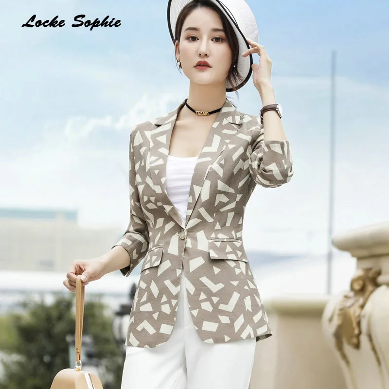 1pcs Women's Plus size Blazers coats 2019 Summer cotton Prints Single buckle Suits jackets ladies Skinny Blazers Suits coats