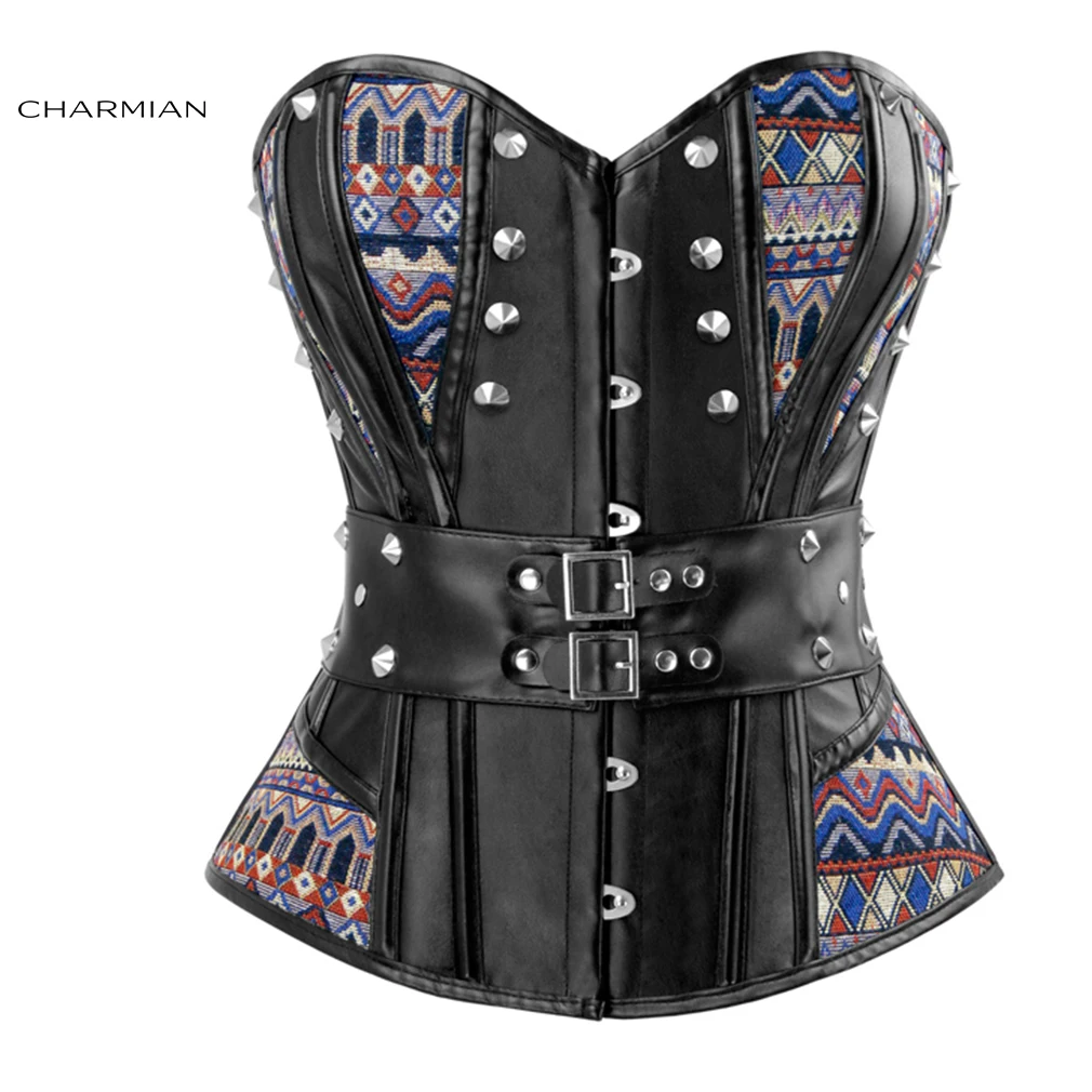 Женский корсет в стиле стимпанк Charmian черный с заклепками панк утягивающий рок н