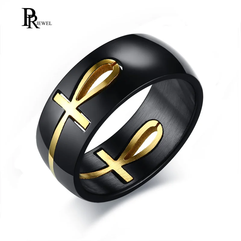 Men's Two Tone Cut out Ankh Egyptian Cross Ring for Men Stainless Steel Gold Black Can Split