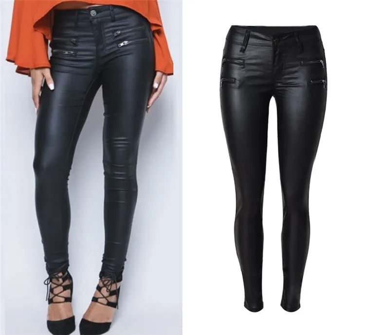 European and American women`s hot style low waist slim foot PU leather trousers double zipper (5)