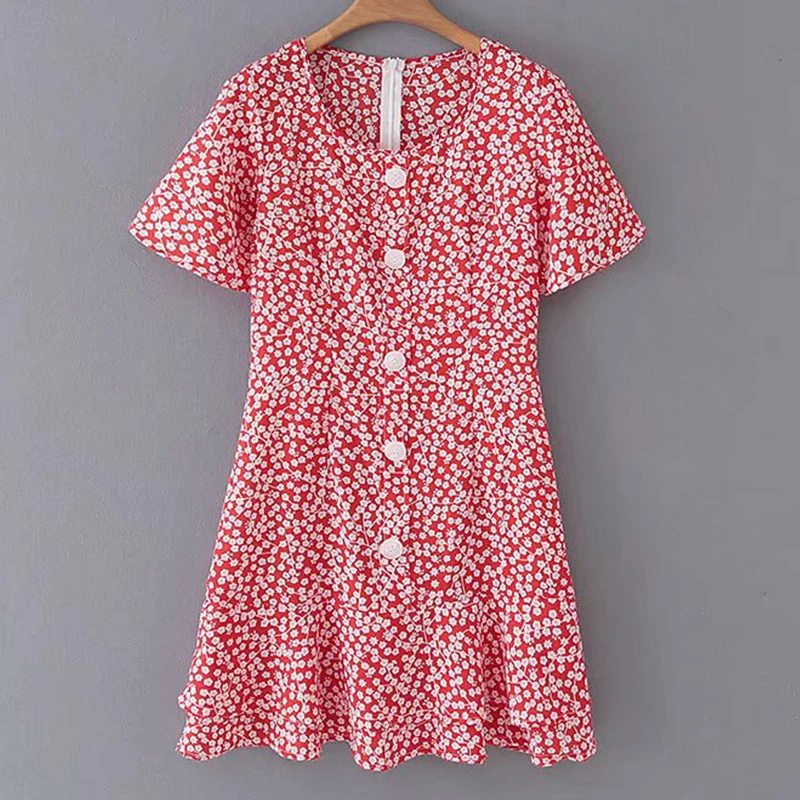 Women's Clothing Dress 2019 Polyester Small Floral Button Short-Sleeved Dress Ms Summer Leisure Slim Fit Temperament Clothing
