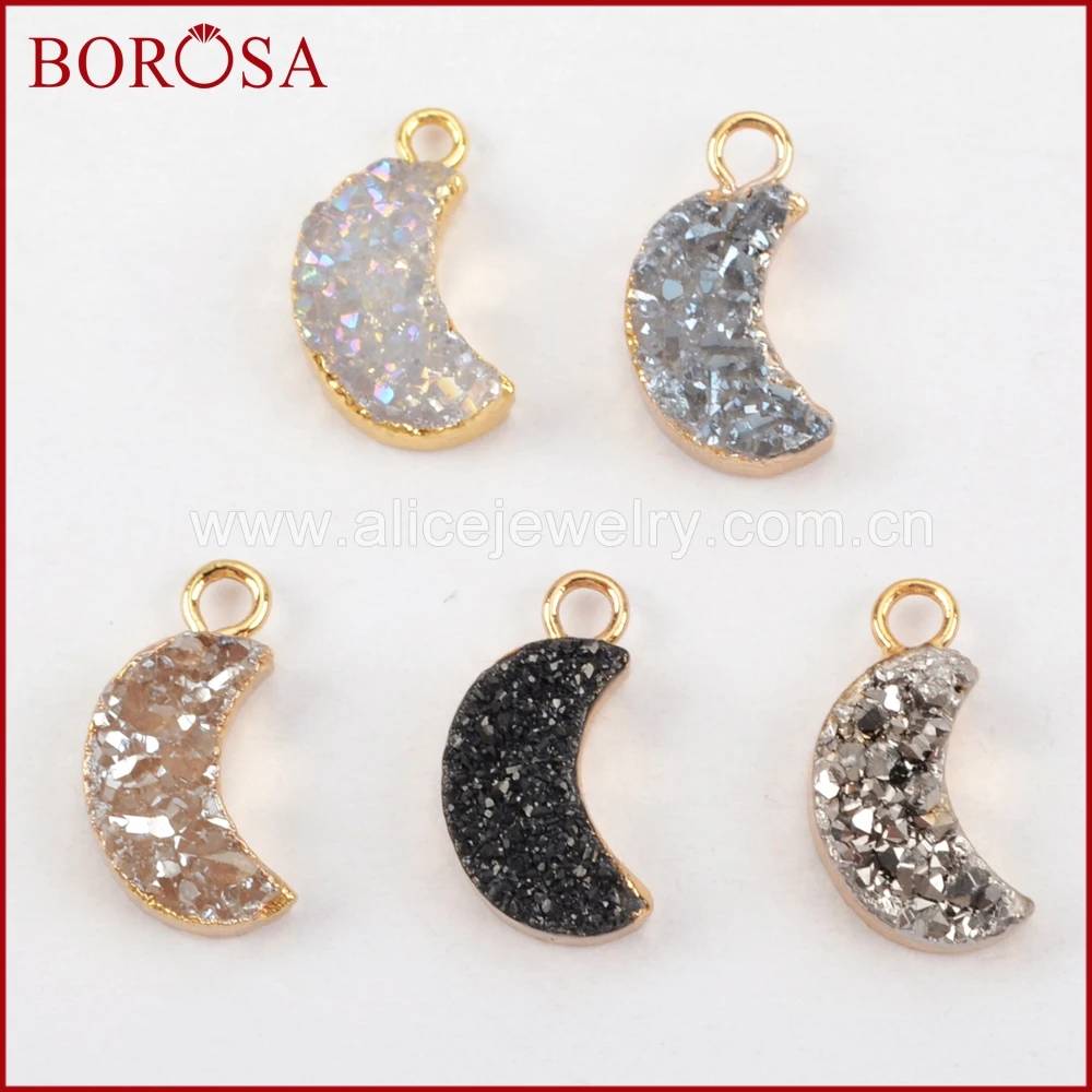 BOROSA 10 шт. Золотая, радужная титановые кристаллы Друза в форме Луны Druzy Charm Drusy подвеска ювелирные изделия для изготовление сережек G1175