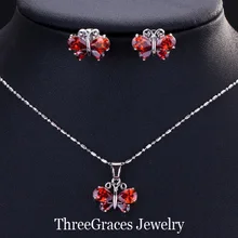2016 Girls Vogue 925 Sterling Silver Cute Butterfly Ladies Necklace Earrings Jewellery Units With Ruby Crimson Zirconia Stones JS164