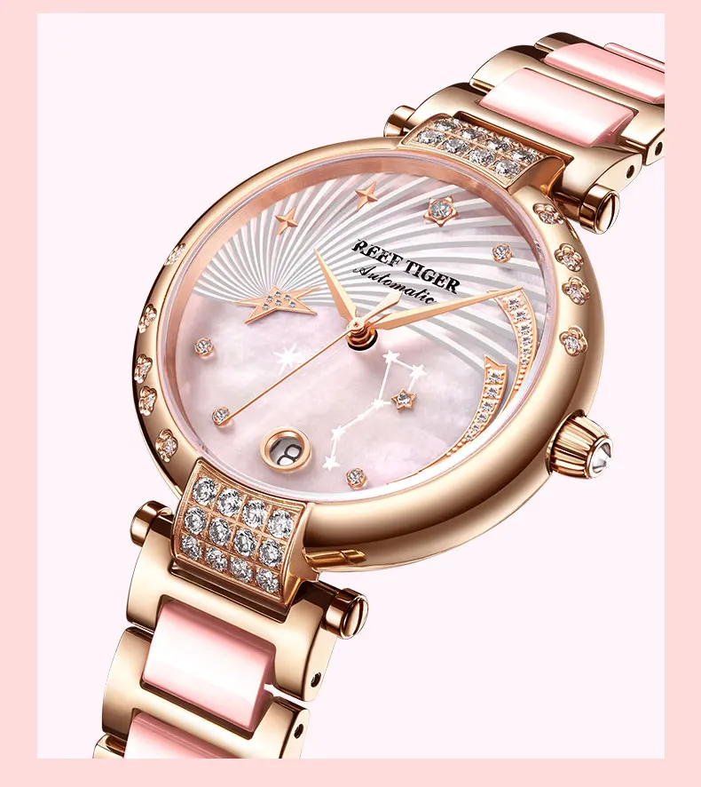 Reef Tiger/RT, роскошные брендовые розовые автоматические часы с календарем, женские часы с браслетом, стальные керамические наручные часы с бриллиантами, RGA1592