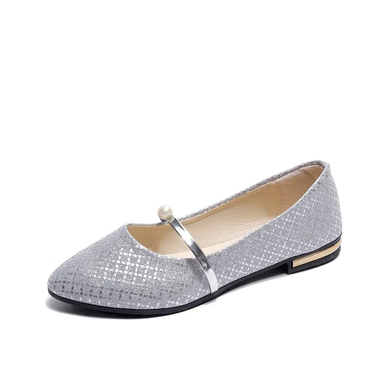 

Cresfimix Women Cute Comfortable Pearl Deco Slip on Flat Shoes Lady Party Night Club Silver Flats Fashion Sweet Shoes C3283