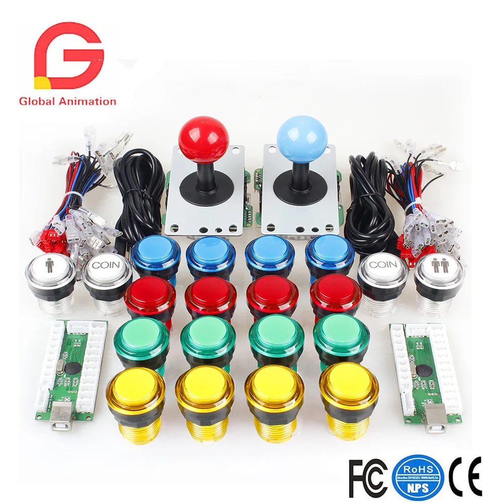 

2Player Classic Arcade DIY Kit USB Encoder To PC Joystick Games+2x5Pin Rocker+16x30mm 5V LED Lit 1&2 Player Coin Push Buttons