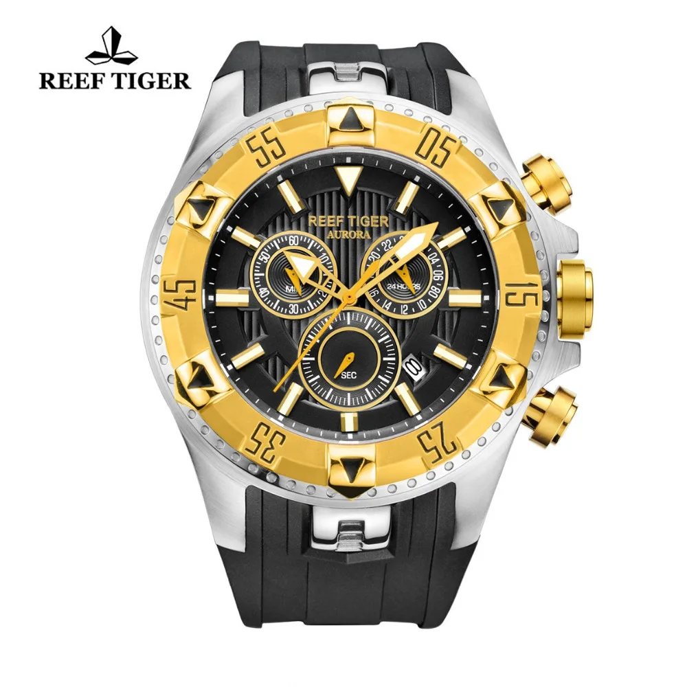 

Reef Tiger/RT Men Sports Quartz Watches with Chronograph and Date Big Dial Super Luminous Steel Yellow Gold Stop Watch RGA303