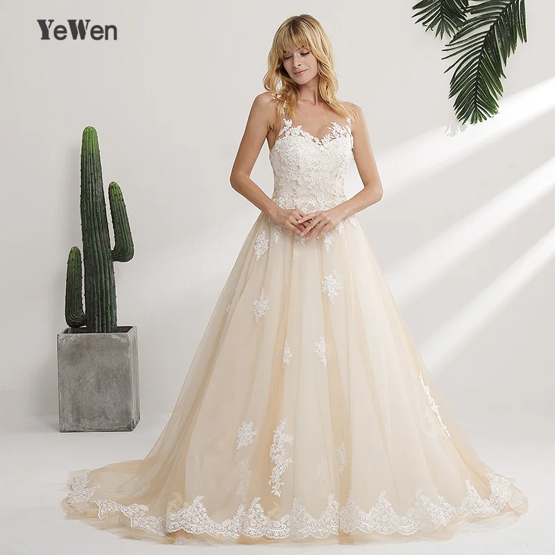 

Vestido de noiva longo New Design 2020 Wedding Dress Scoop Neck Sleeveless Chapel Train Ball Gown Lace Tulle Bridal Gowns
