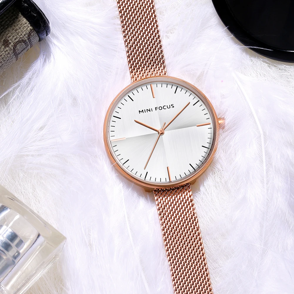 

MINI FOCUS Elegant Women Watches Quartz Analog Clock Ultra Thin Pink Mesh Strap Simple Design Top Brand Luxury Ladies Wristwatch