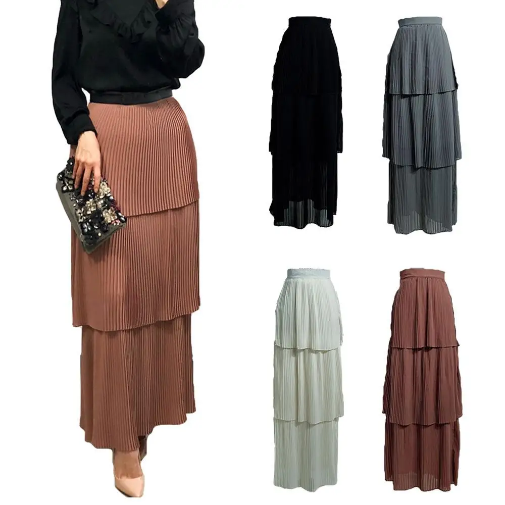 

NEW Pleated Maxi Long Skirt High-Waisted Crinkle Stretch Chiffon Muslim Half Dress Dubai Islamic Muslim Women Tiered Long Skirt