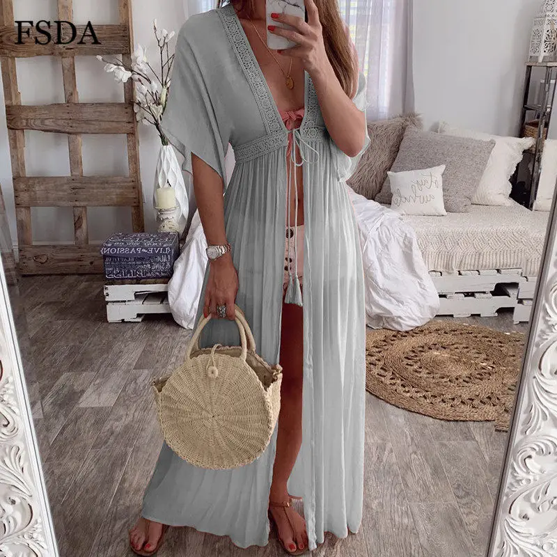 FSDA Beach Boho Maxi Cardigan Dress Lace V Neck Cotton Summer Loose Short Sleeve Casual Elegant Dress Women - Цвет: Серый