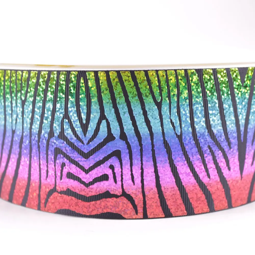 

3" 75mm rainbow hologram foil ripples glyphs stripes grosgrain polyester ribbon sparkle laser 10Y 50Y