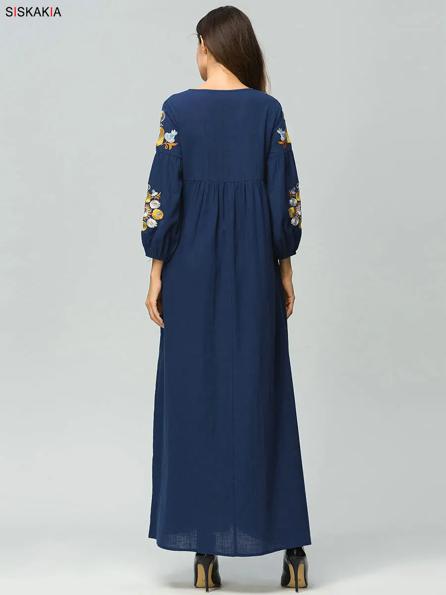 Siskakia длинное платье макси для женщин, элегантное винтажное платье с цветочной вышивкой и длинным рукавом, женское платье с высокой талией, Драпированное Платье