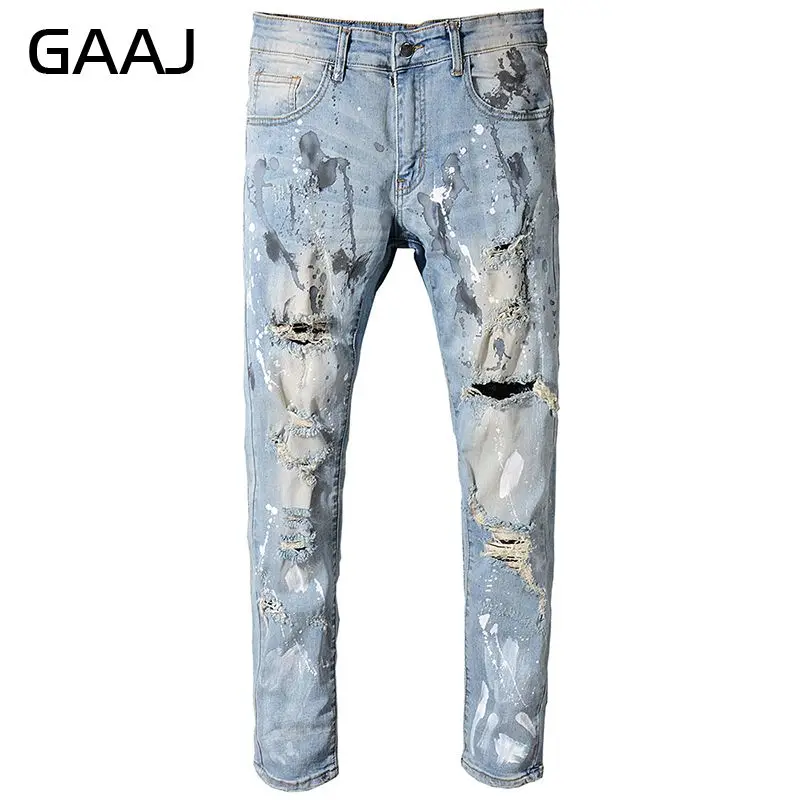 GAAJ известный дизайнер бренд мужской slim fit окрашенные джинсы с разрезами винтажный грязный проблемный промытый джинсовый брюки 27P9O