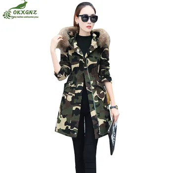 

2020 autumn winter women Parkas jackets Korean camouflage cotton coat Padded warm Outwear medium long fur collar jacket Female