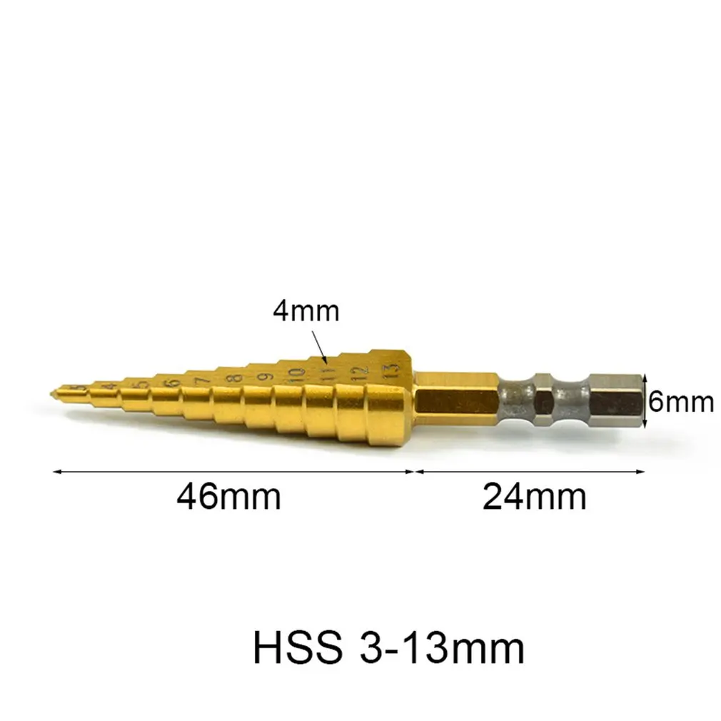 HSS набор ступенчатых Сверл с титановым покрытием 3-13 мм шестигранный хвостовик для металла, дерева резак для сверления отверстий инструменты ступенчатое конусное сверло