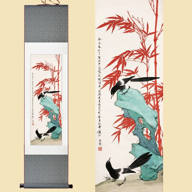 

Chinese Silk Watercolor flower birds Red bamboo lucky Magpie Feng Shui ink art wall picture damask framed scroll canvas painting