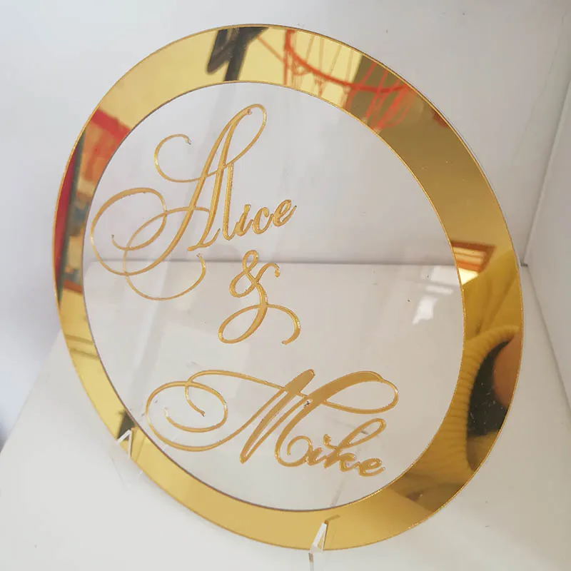 Пользовательские круглые свадебные имя зеркальная рамка акриловая наклейка Babyshower Имя Знак круглая форма с основанием настольные Декорации для вечеринок подарок