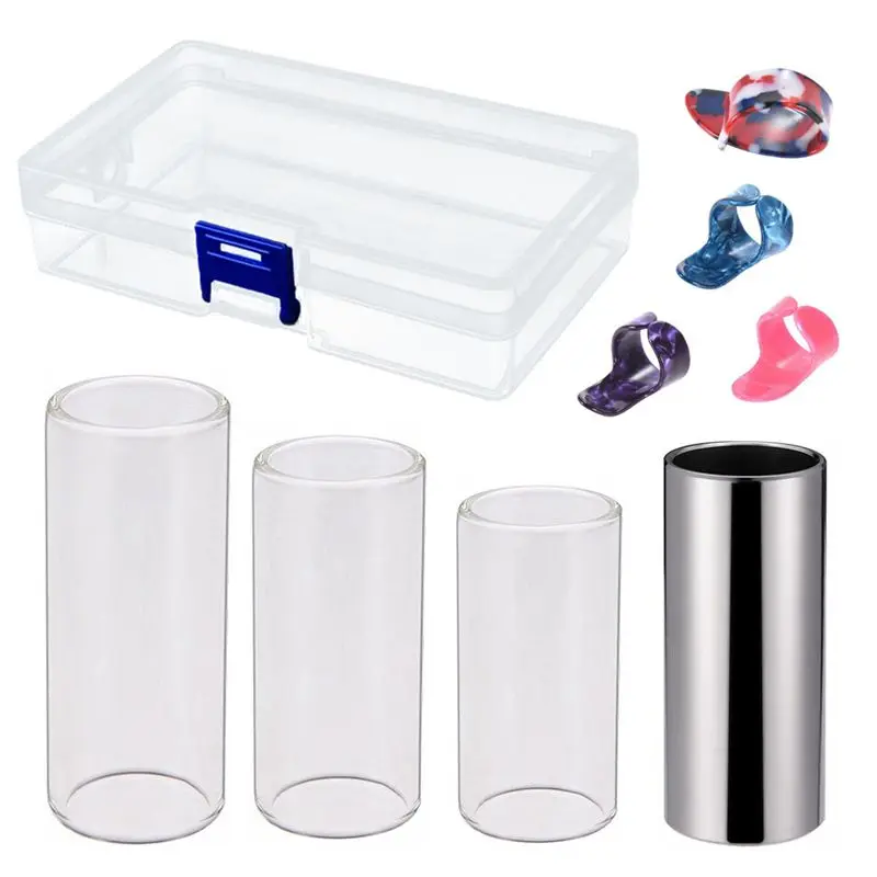 

Guitar Slides Set Includes 3 Size Glass Slide, 1 Piece Stainless Steel Slide and 4 Pieces Plastic Thumb & Finger Picks with pl