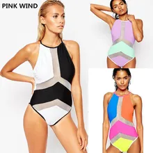 KEKAKA Высокая шея многоцветный Лоскутная сетки Одна деталь купальник монокини женский купальники Trikini цельный ванный комплект