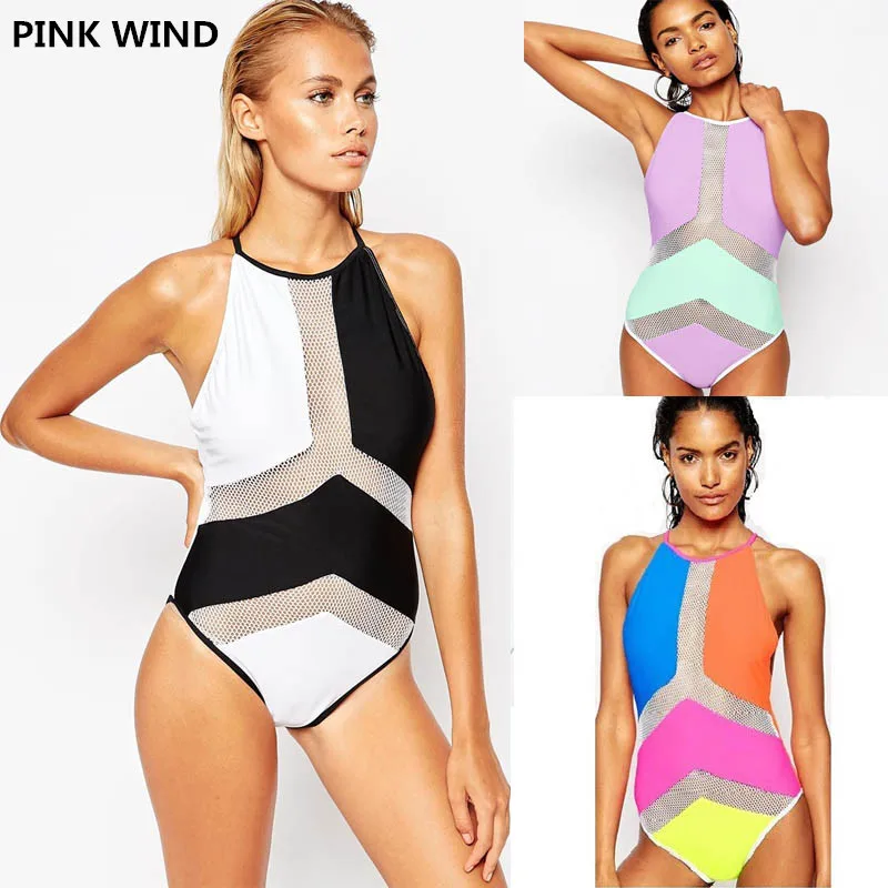 

KEKAKA High Neck Multi-color Patchwork Mesh One Piece Swimsuit Monokini Female Swimwear 2018 Trikini One-Piece Bathing Suit
