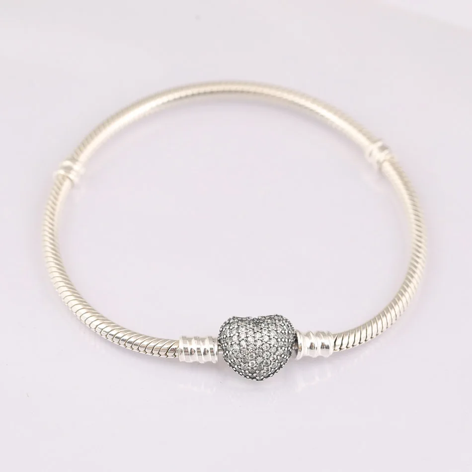 

Authentic 925 Sterling Silver Jewelry Bracelet for Women Pave Signature Heart Clasp fit Lady Beads Charms Pendant