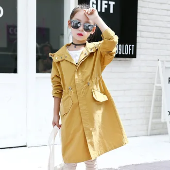 

Pink Yellow Hooded Long Jackets For Big Girls Outerwear Coats Clothing Children Long Sleeve Pockets Kids Trench Coat Autumn 2019