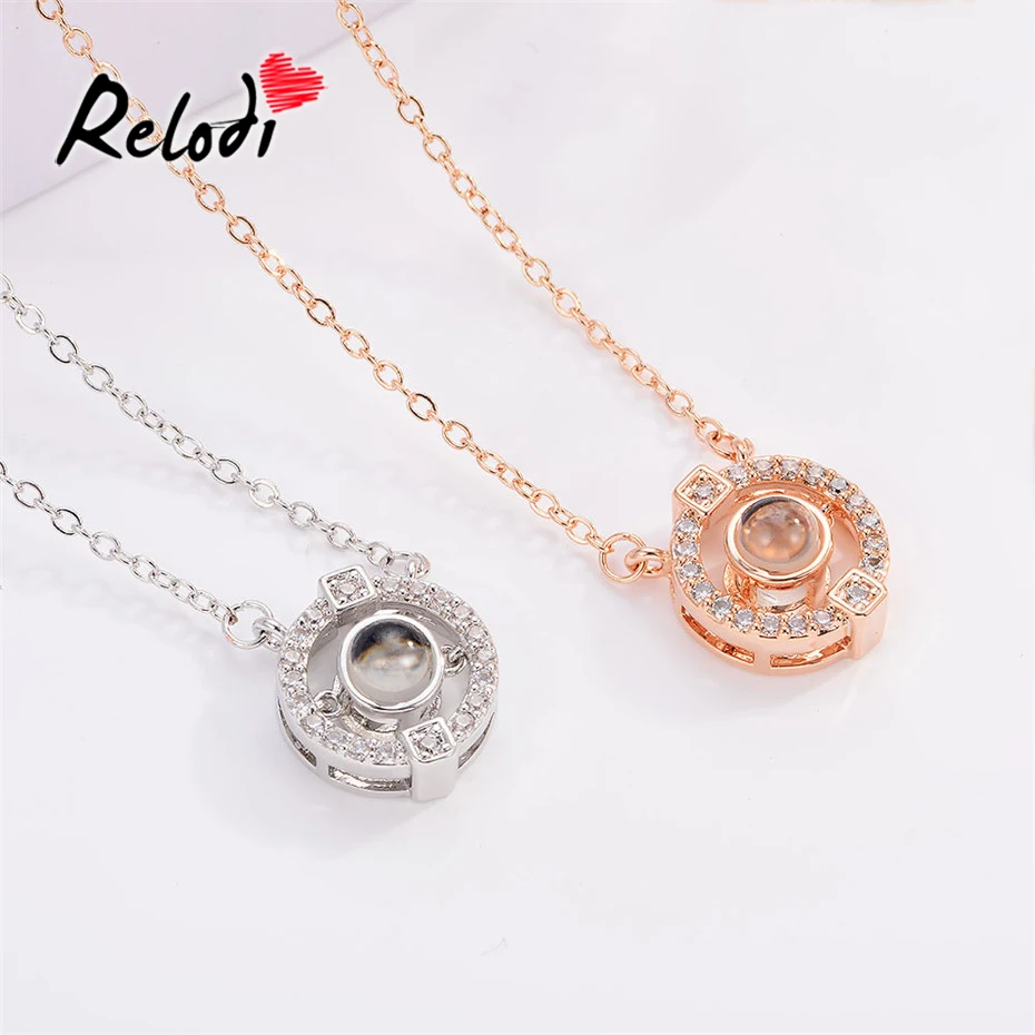 

Relodi 100 Language I Love You Projection Necklace Charm Pendant for Lover Zircon Choker Link Chain Valentines Day Gift SP2541