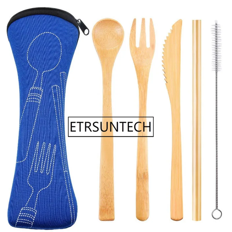 

50sets Reusable Bamboo Straw Spoon Fork Knife With Clean Brush & Cloth Bag Wedding Party Drinking Straw Set