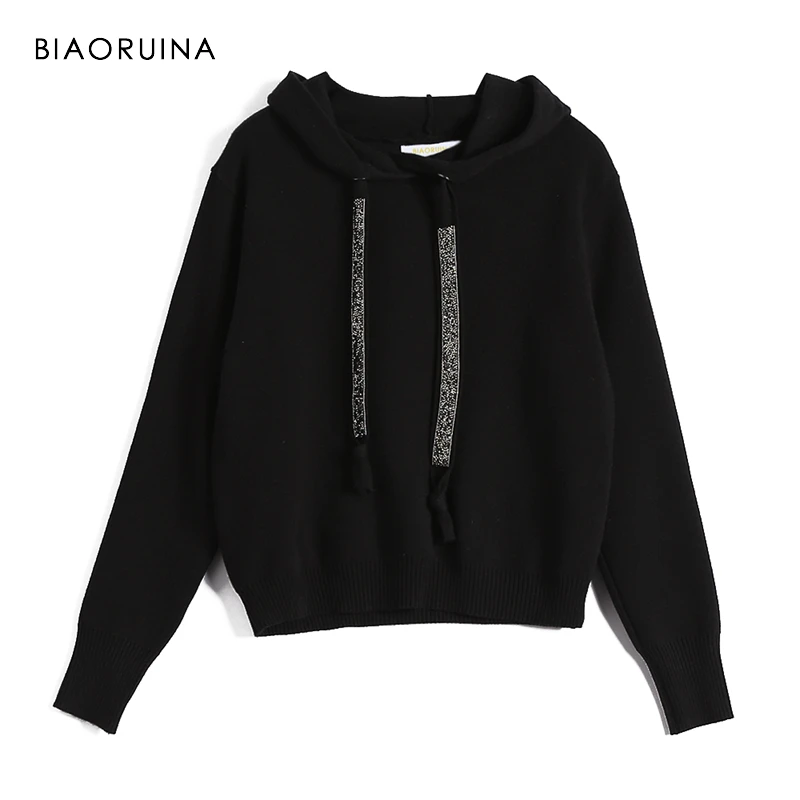 BIAORUINA Women Classic All-match Casual Knitted Sweatshirt Female Fashion Vintage Hoodies Chic Sash Women's All-match Pullovers