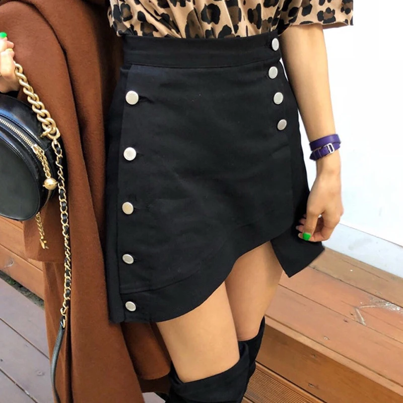BGTEEVER двубортный черный высокая Талия Джинсовая юбка для женщин мода Асимметричная мини-юбка уличная повседневное
