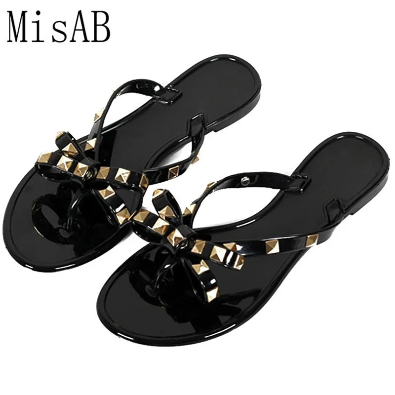 

women slippers V jelly shoes women flip flops bow stud women sandals flat summer ladies beach slippers waterproof Thong Sandal