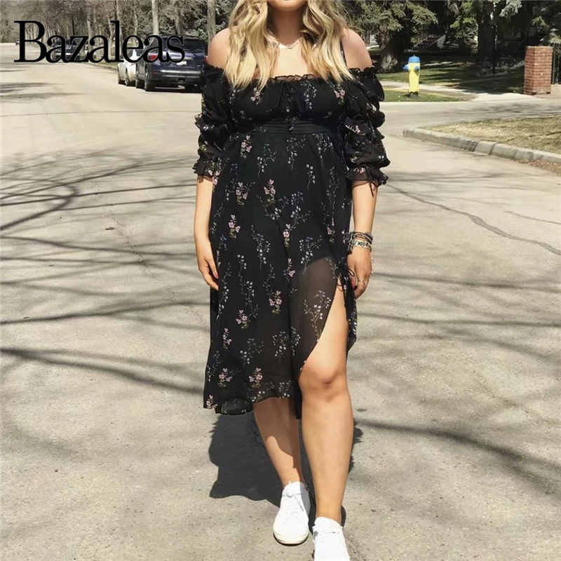 

Bazaleas Holiday Black Floral Print summer dress Fashion Chiffon Midi dress Half Sleeve Tie Casual Chic vestido drop shipping