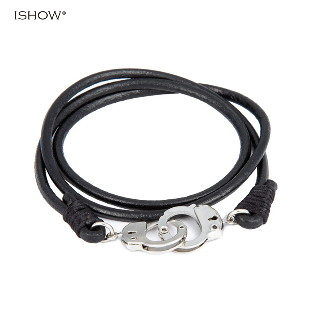 64 CM Black Genuine Leather Men's Handcuff Bracelet Multilayer Pulseira Masculina Menottes For Man Jewelry Gift | Украшения и