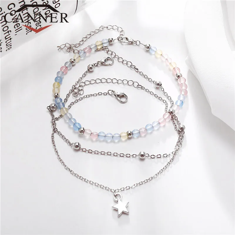 CANNER Multilayer 3 Pcs/set Colorful Beads Star Anklets Set Fashion Jewelry Women Anklet Bracelet TW