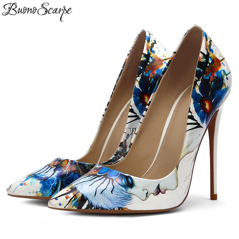 

Buono Scarpe Flower Printed Female Shoes Patent Leather Women High Heels Stiletto ladies Sexy Pumps Slip-on 2019 Big Size Shoes