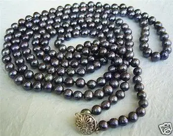 

Hot sale Free Shipping>>>>long 7-8mm Black real Cultured Pearl Necklace 50"