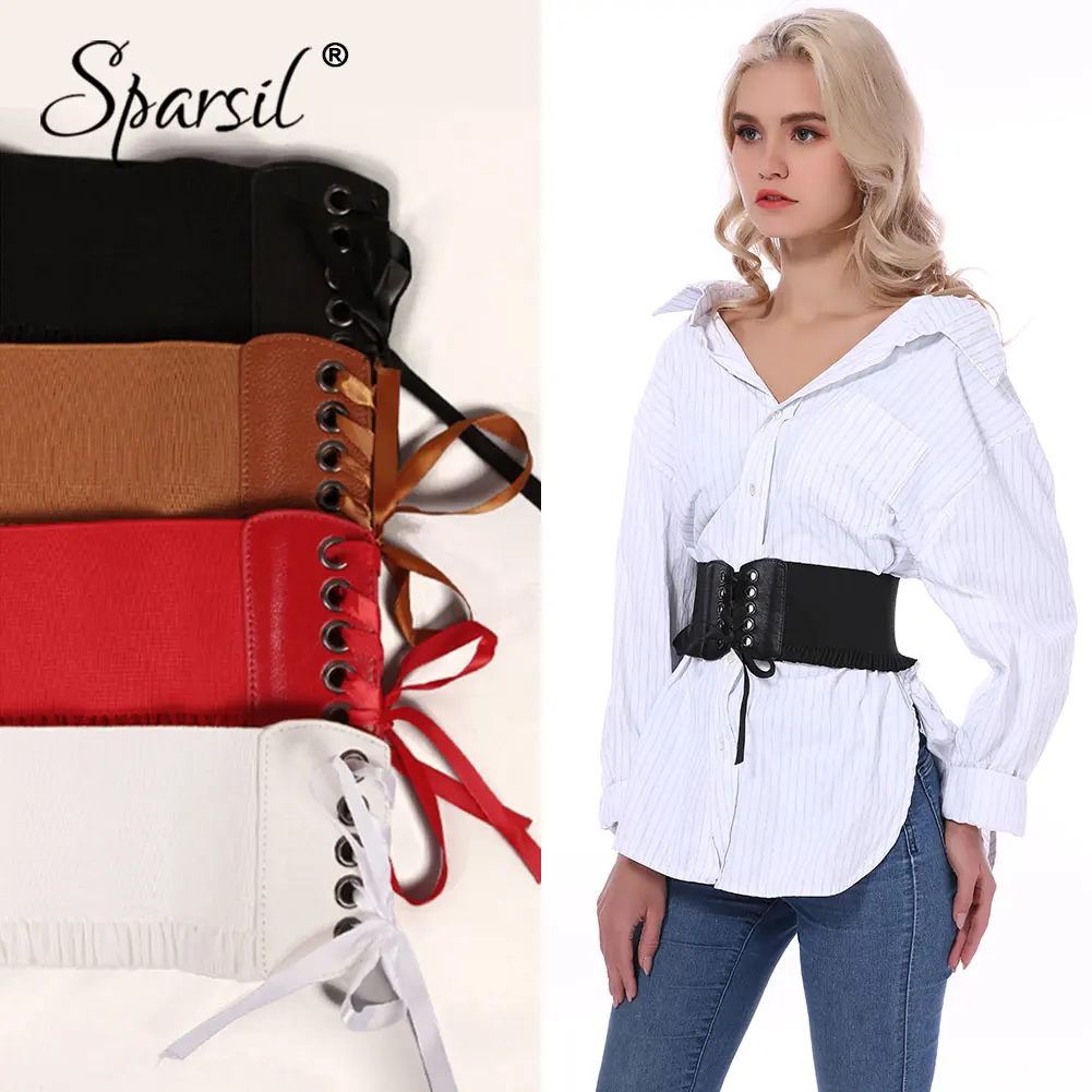 

Spasril Women Slimming Wide WaistBand Elastic Corset Cummerbunds Lace Bow Belt Adjust Drawstrings PU Leather Waist Belts Female