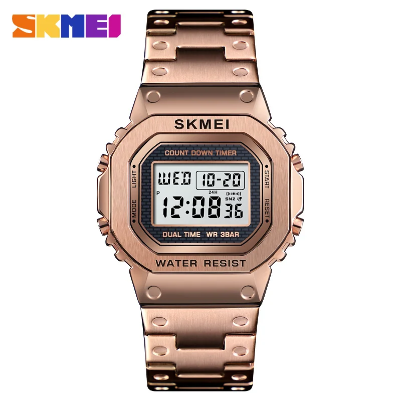 SKMEI спортивные часы мужские g-стиль светодиодные цифровые часы полностью стальные ударные водонепроницаемые часы с хронографом и будильником уличные мужские наручные часы - Цвет: Rose Gold