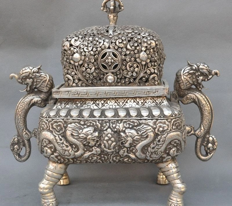 

Old Tibet buddhism Tempel Silver Lucky Dragon Beast Statue incense burner Censer