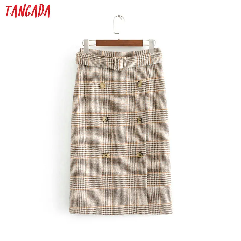 

Tangada women houndstooth midi skirt sashes waist lady skirt with buttons chic straight korea wear skirts 3H31