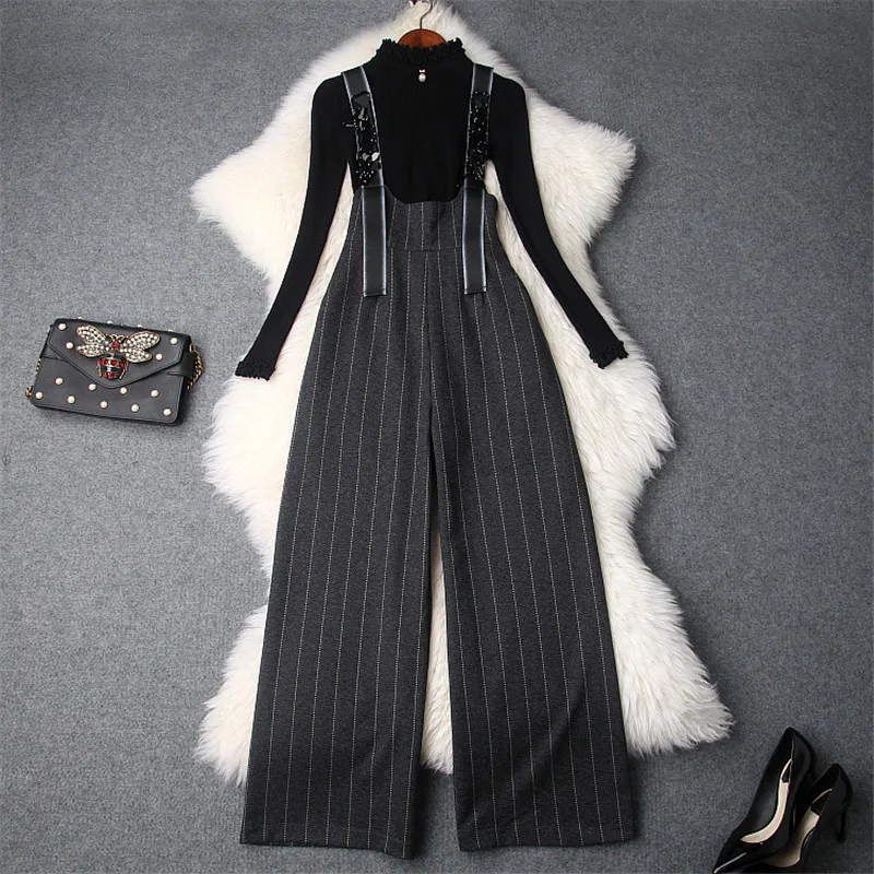 

Top Quality Winter Women's Pants 2Pcs Set 2018 New Long Sleeve Knitted Sweater+Beading Striped Wide Leg Pants Suit Set Outfits