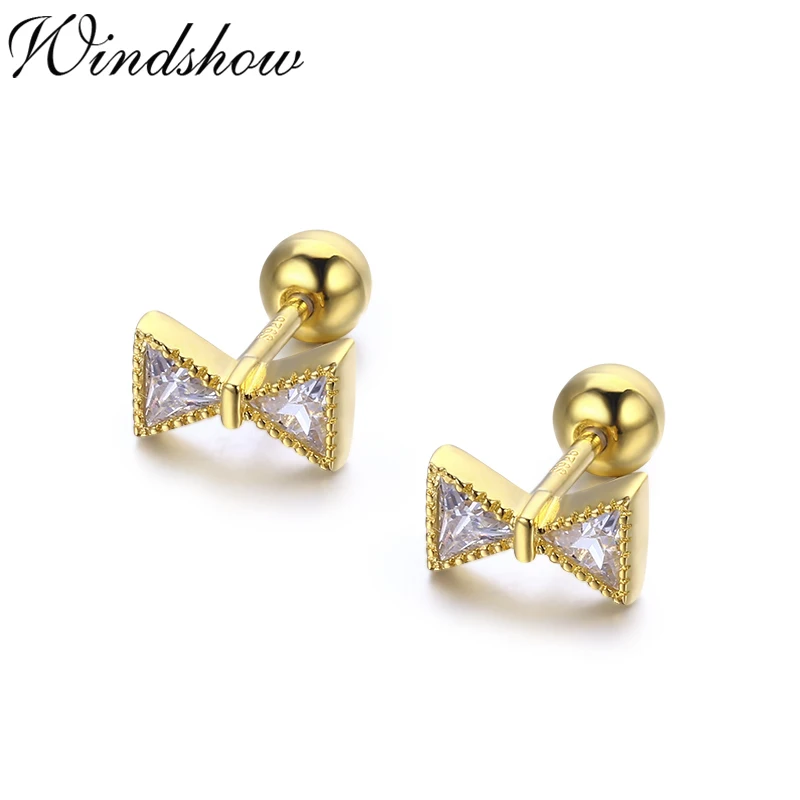

Cute Bowknot CZ 925 Sterling Silver Gold Colour Screw Back Stud Earrings For Women Girls Kids Baby Jewelry Orecchini Aros Aretes