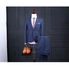 Классические высококачественные однобортные тонкие Синие Клетчатые мужские костюмы(куртка+ брюки) на заказ