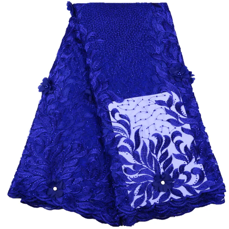 Новый стиль Африканский кружево ткань 2019 Высокое качество 3D Цветочная кружевная ткань синий французский Тюль с камнями для вечерние Y1525