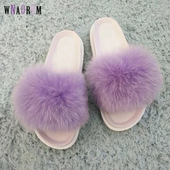 

Summer fox fur slides Plush Fox slippers 100% real fox hair luxury fashion Add bright drill beach slippers women shoes