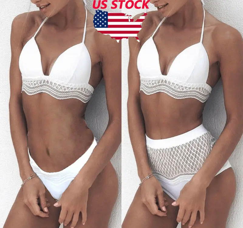 

Women Halter Neck Deep V Neck Floral Lace Up Stitching High Waist Brazilian Padded Bikini Set Swimsuit Triangle Swimwear Bathing